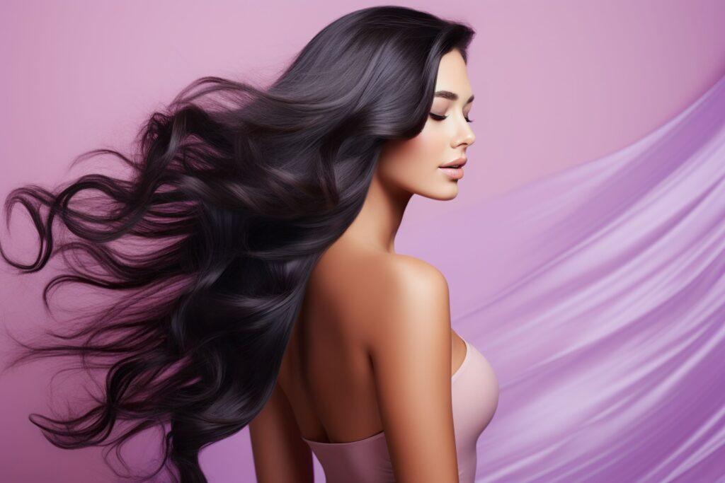 Schönes brünettes Mädchen mit langen Haaren, die im Wind wehen, auf violettem Hintergrund
