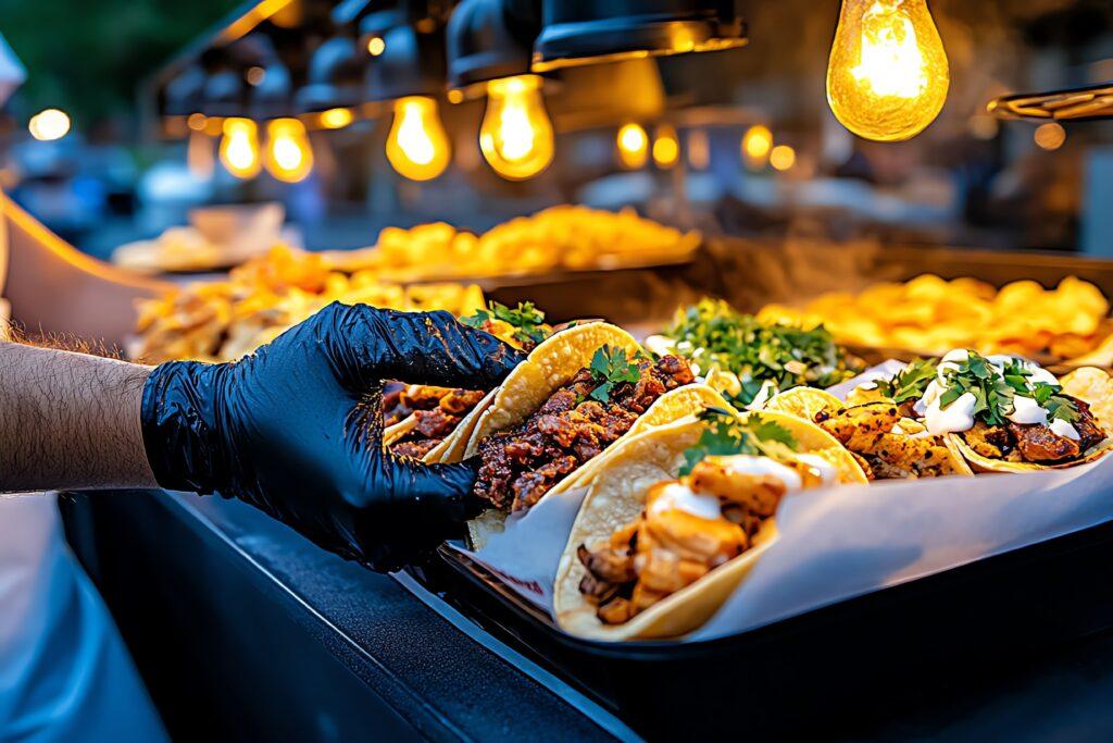 Tacos mit Fleisch, frischen Kräutern und Soße auf einem Street-Food-Stand in Mexiko