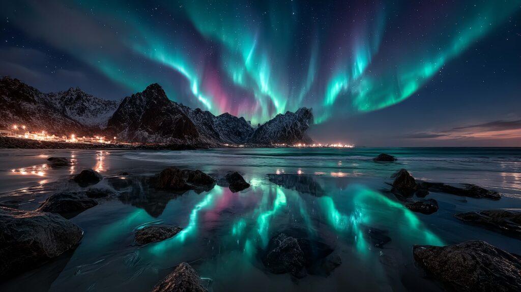Aurora Borealis, Lofoten-Inseln, Norwegen. Berge und gefrorener Ozean. Winterlandschaft in der Nacht. Nordlicht